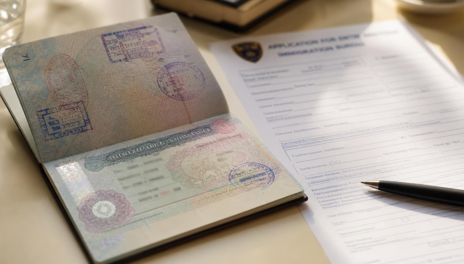 Thai visa for foreigners — passport with Thai visa sticker beside Immigration Bureau application form