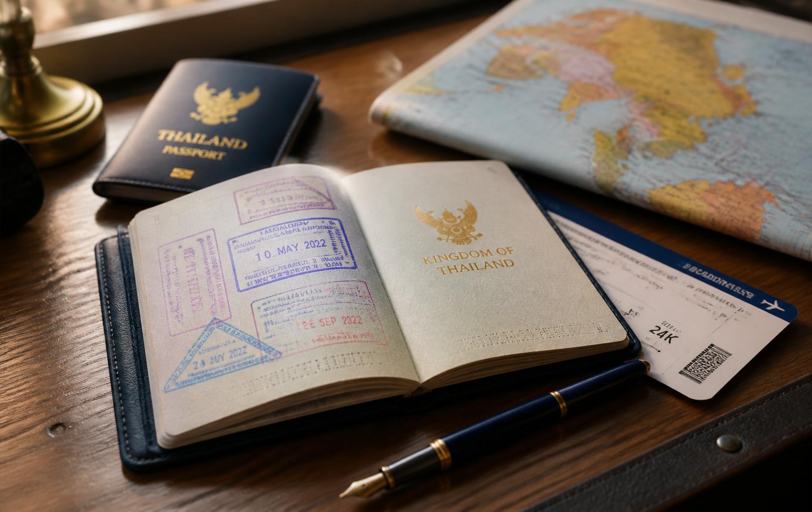 หนังสือเดินทางไทย ตราวีซ่า และบอร์ดดิ้งพาสบนโต๊ะไม้
