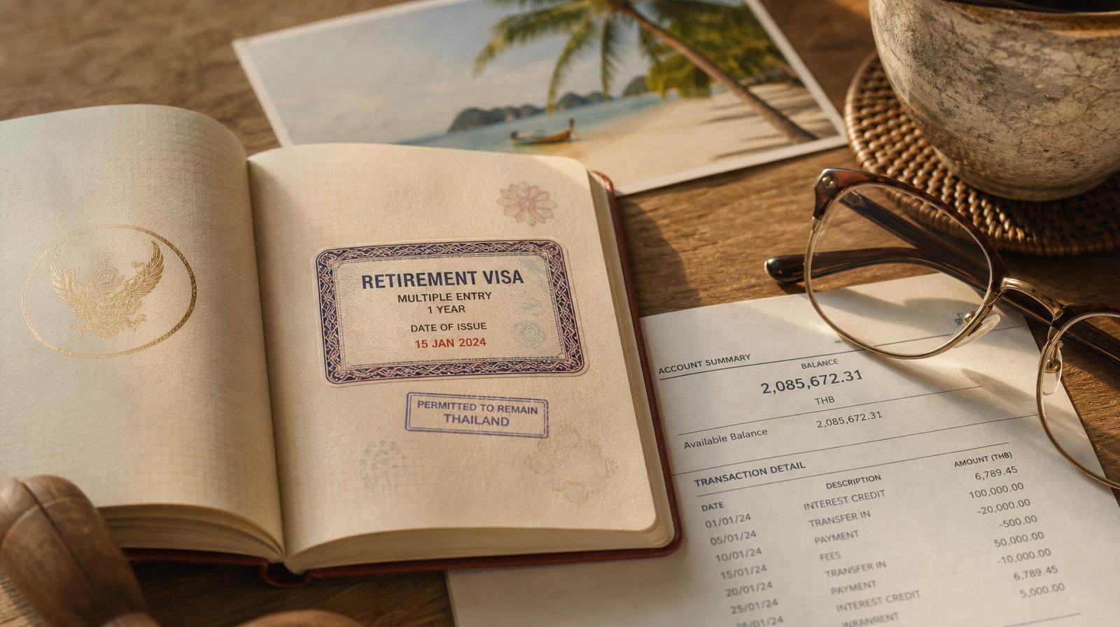 Retirement Visa ประเทศไทย — Non-O-A stamp บนหนังสือเดินทางพร้อม bank statement 800,000 บาทและวิวชายหาดไทย