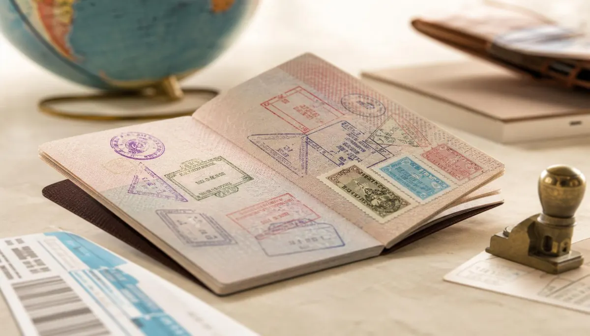 บริการวีซ่าสำหรับคนไทย 94 ประเทศ — หนังสือเดินทางไทยเปิดหน้าตราวีซ่าหลากสี บอร์ดดิ้งพาส และลูกโลก