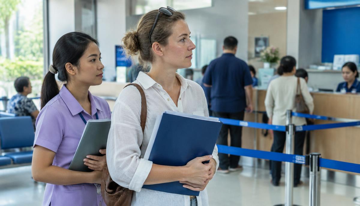 A foreign customer and assistant with a document folder waiting to open an account at a Thai bank branch