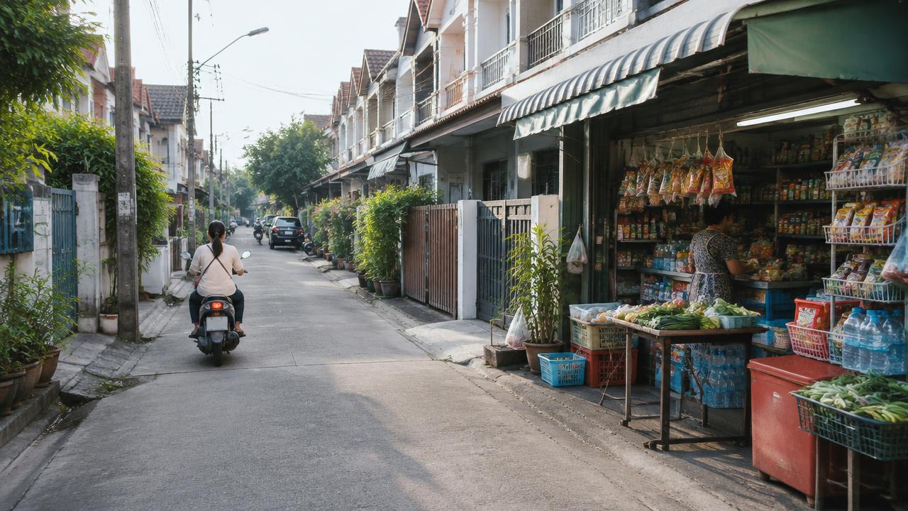 ซอยที่พักอาศัยมีทาวน์เฮาส์และร้านขายของชำ ผู้หญิงขี่มอเตอร์ไซค์ผ่าน ยามเช้า