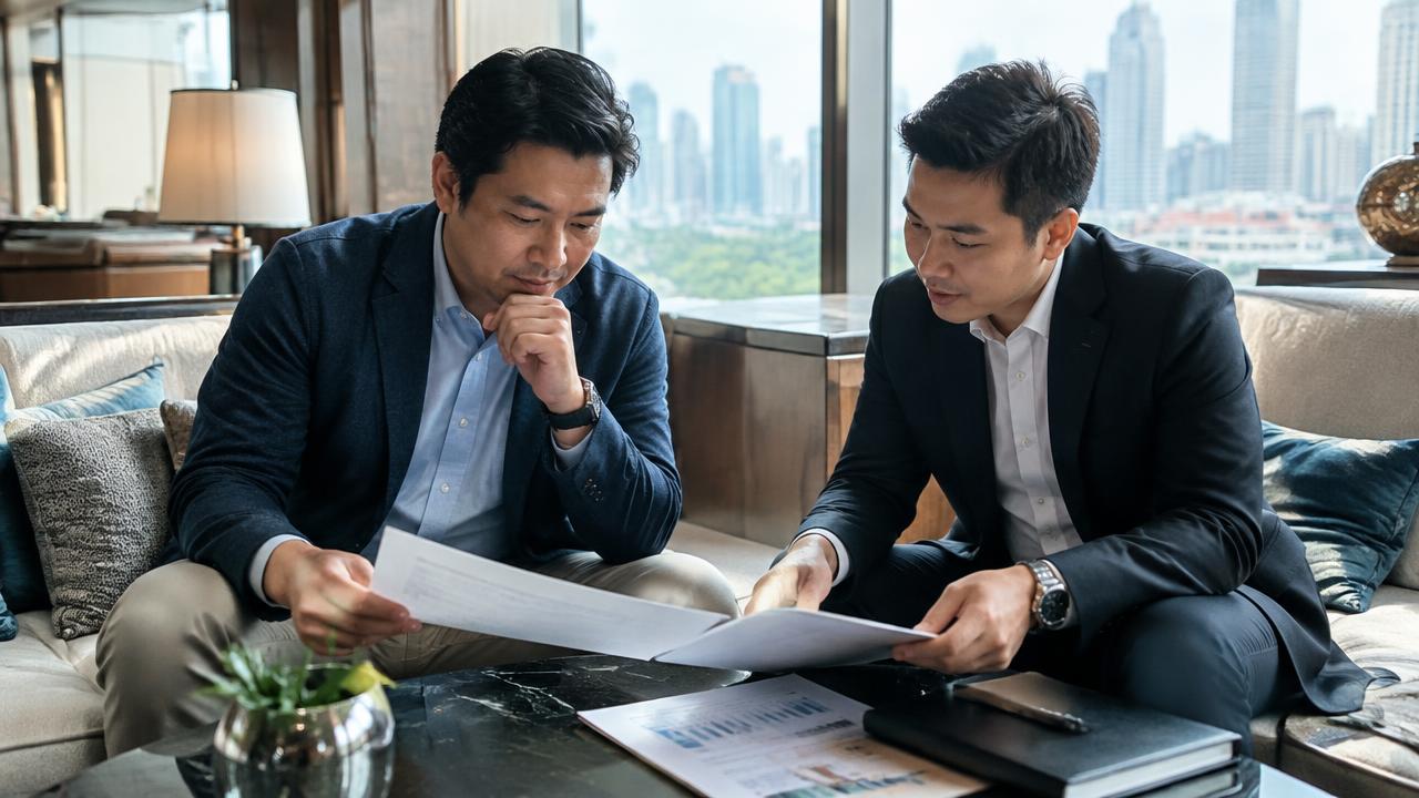 High-net-worth applicant reviewing investment papers with an adviser