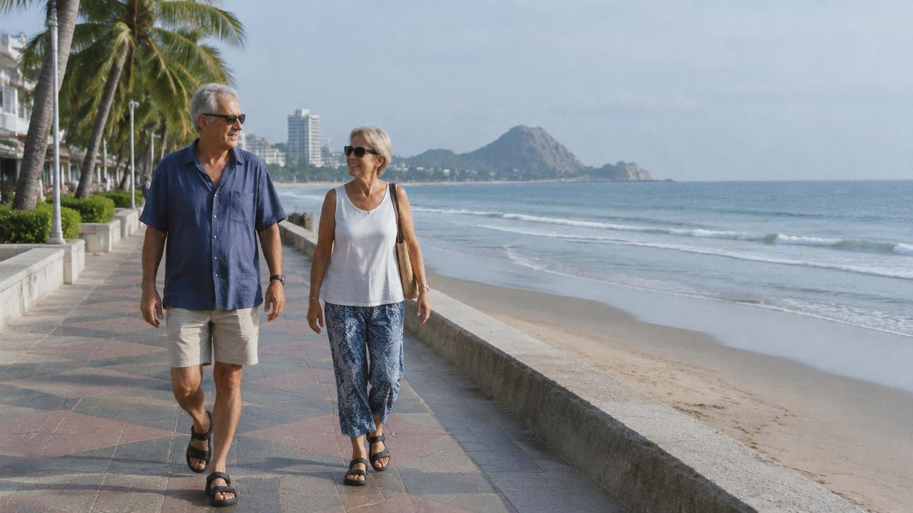 Retired couple walking along the Hua Hin seafront in the morning