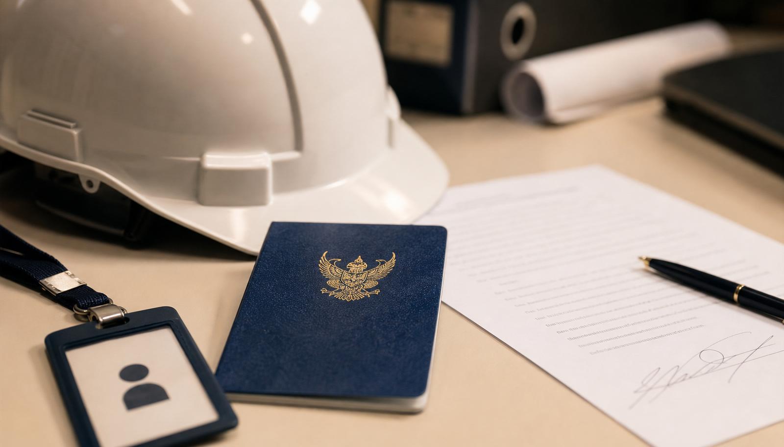 Work Permit for foreigners in Thailand — blue work permit booklet with garuda emblem, hard hat, and employment contract