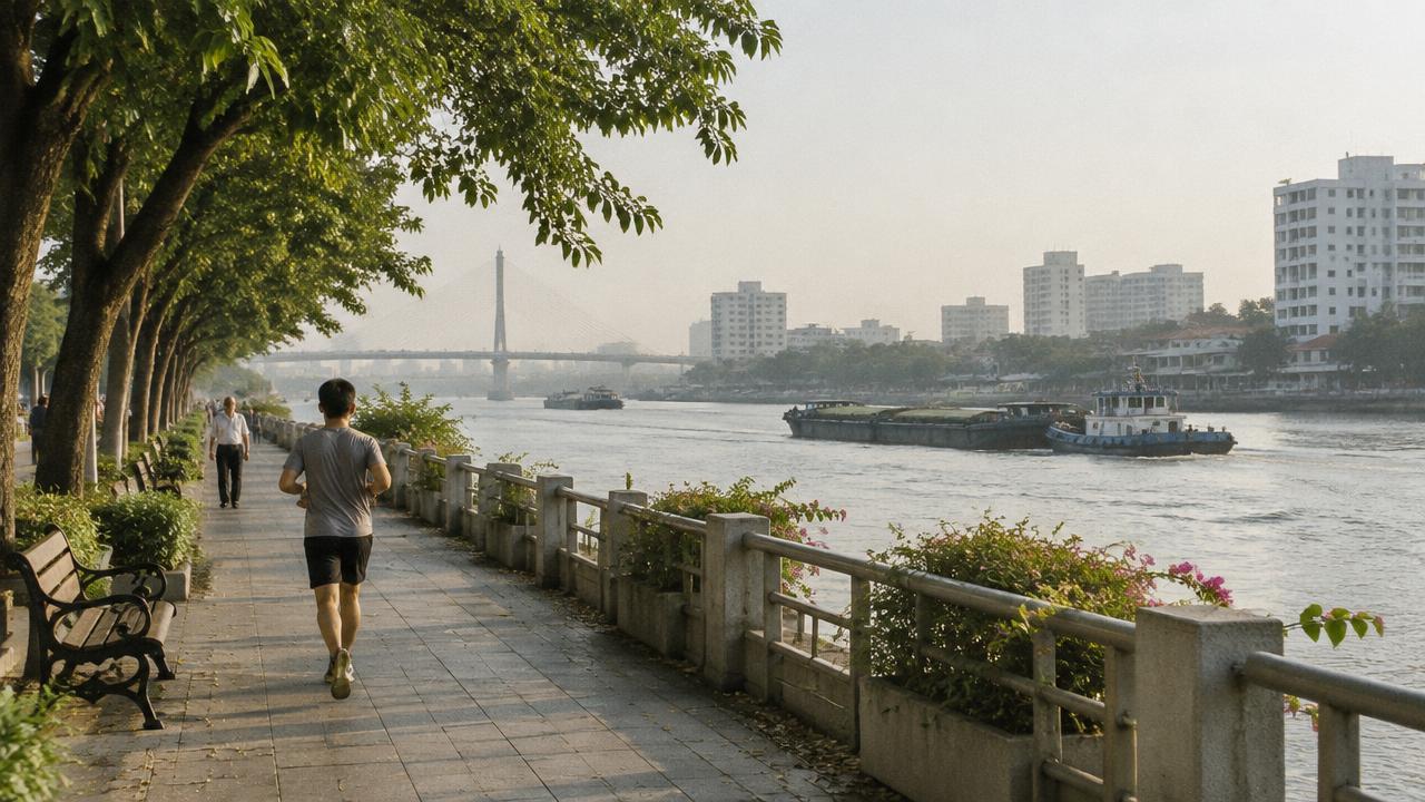 คนวิ่งออกกำลังกายบนทางเดินริมแม่น้ำเจ้าพระยาที่มีเรือบรรทุกสินค้าแล่นผ่านยามเช้า