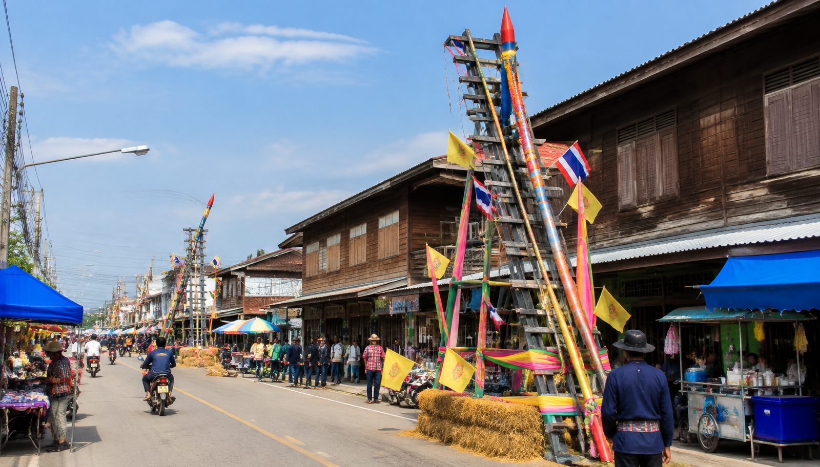 ถนนในเมืองยโสธรช่วงเทศกาลบั้งไฟ มีบั้งไฟประดับและตึกไม้เก่าสองข้างทาง
