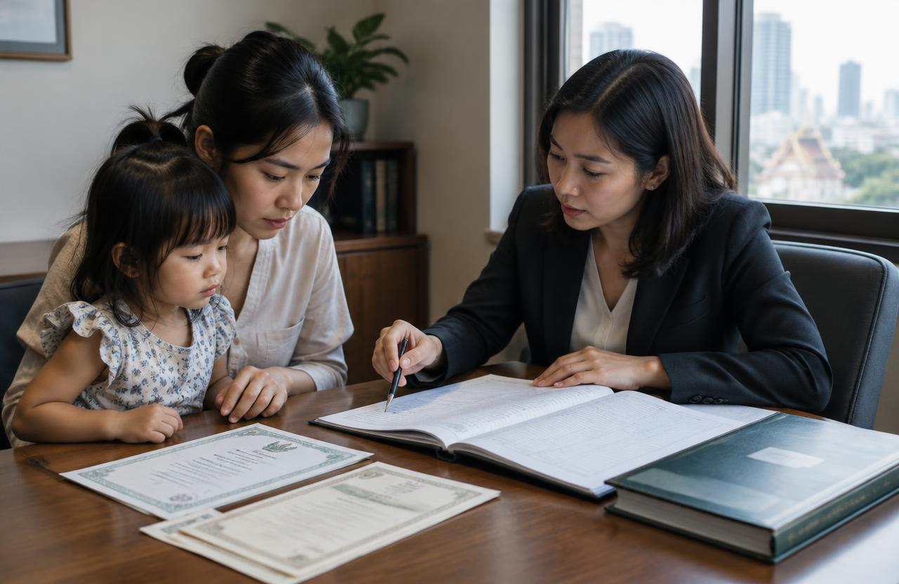 Thai mother and child reviewing birth certificates with a lawyer