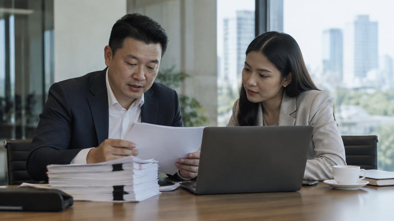 中国投资者与泰国顾问在曼谷办公室核对公司注册文件