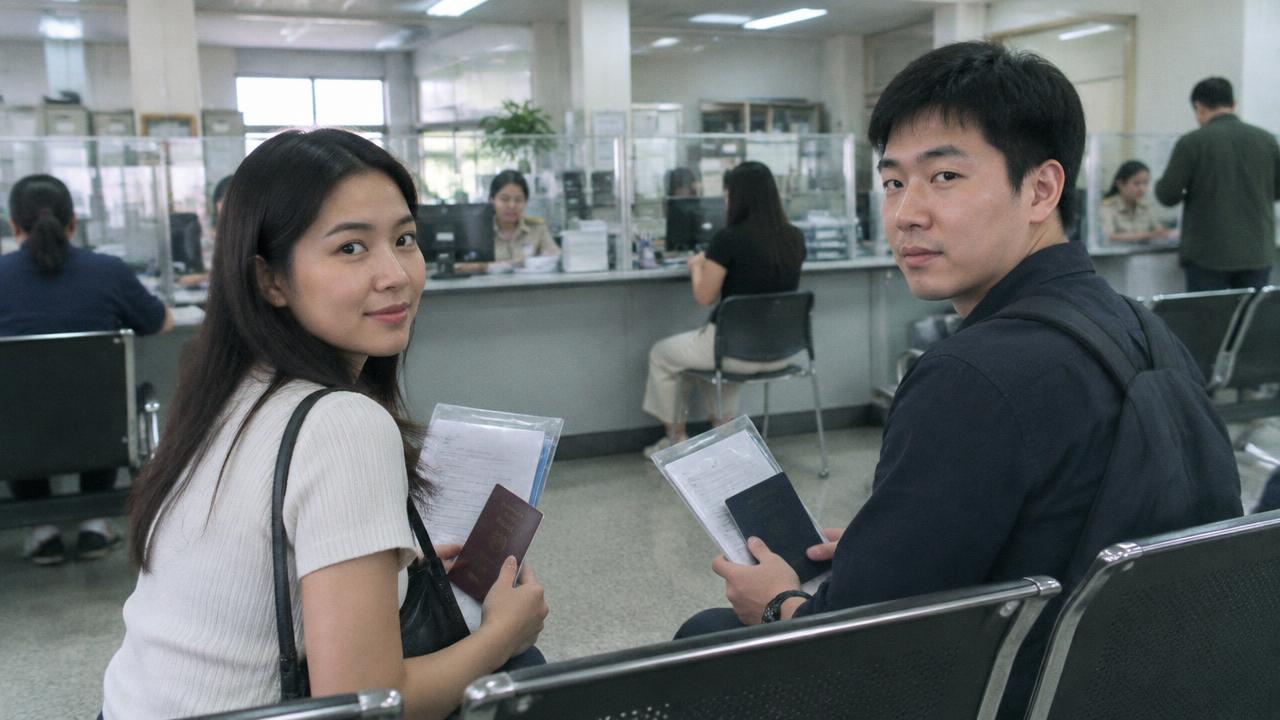 泰国女子与中国男子拿着护照和文件夹在区公所等候叫号