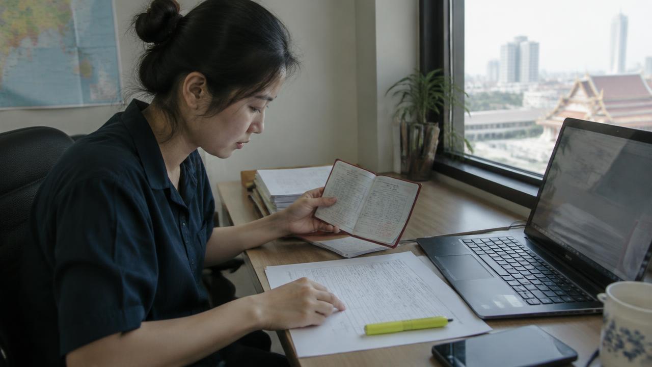 译者在曼谷办公室对照中文户口本核对英文译文