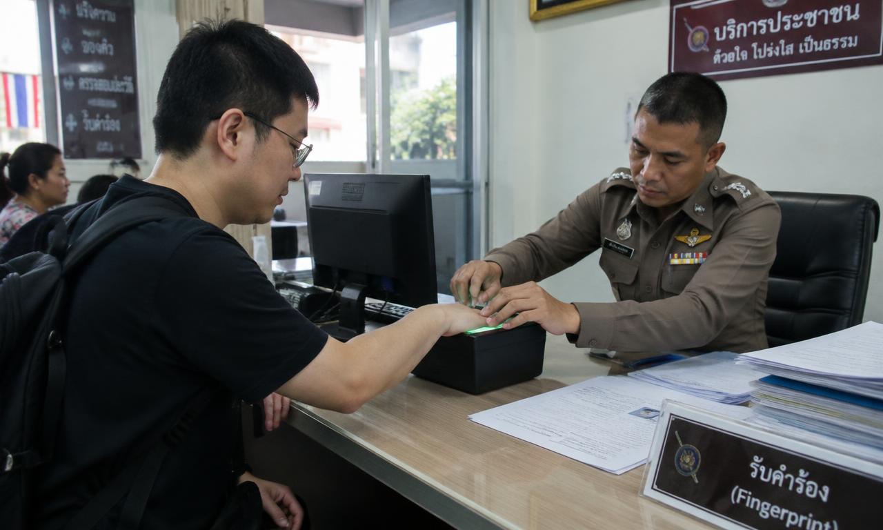 中国男士在泰国警察服务柜台采集指纹,警员在旁操作