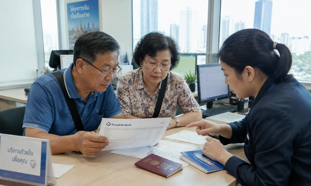 中国退休夫妇与泰国工作人员一起核对银行对账单和护照