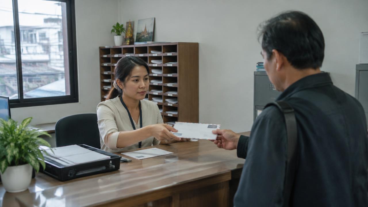 曼谷办公室前台工作人员把代收的信件交给客户