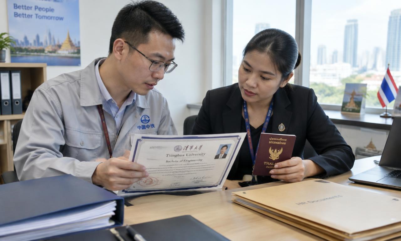 中国工程师和泰国人事专员在曼谷办公室一起核对学位证书和护照